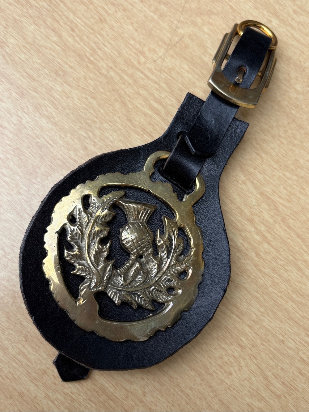 Vintage Scottish Thistle Horse Brass On Leather Martingale Strap Equestrian